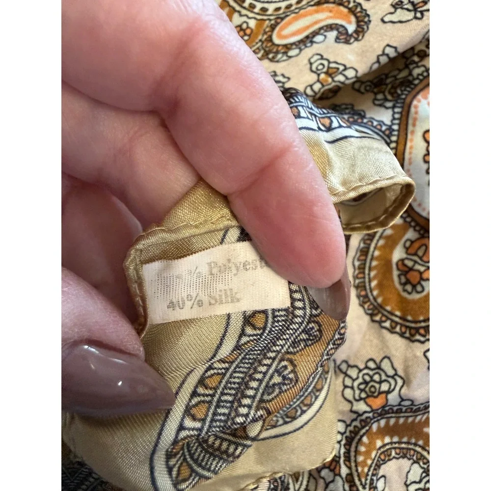 Vintage Paisley Square Scarf Gold Tan Brown Silk Blend Neckerchief Made in USA